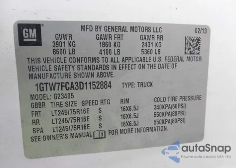 2013 GMC Savana G2500 из США, поврежденный, VIN 1GTW7FCA3D1152884